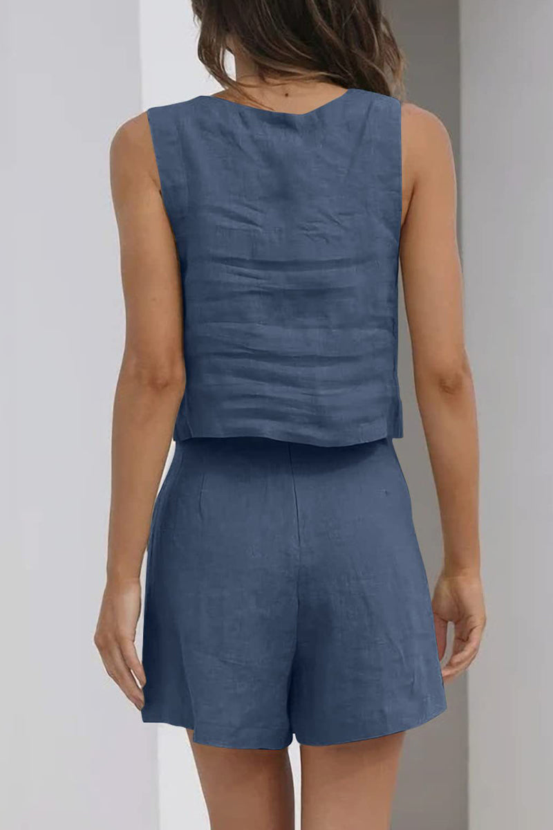 Conjunto informal sencillo de dos piezas, sin mangas, con cuello cuadrado y bolsillo liso (16 colores)