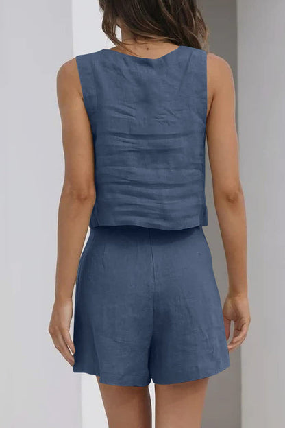 Conjunto informal sencillo de dos piezas, sin mangas, con cuello cuadrado y bolsillo liso (16 colores)