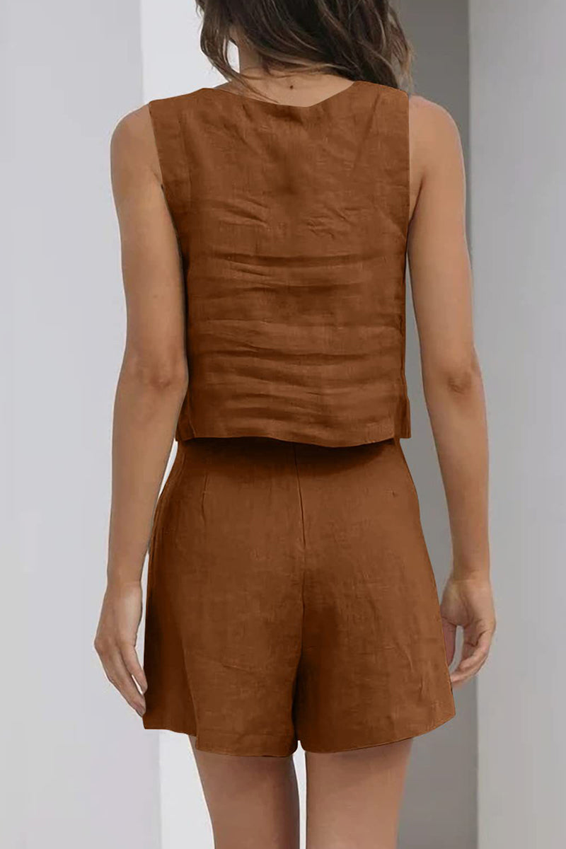 Conjunto informal sencillo de dos piezas, sin mangas, con cuello cuadrado y bolsillo liso (16 colores)