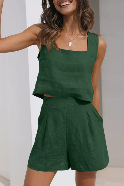 Conjunto informal sencillo de dos piezas, sin mangas, con cuello cuadrado y bolsillo liso (16 colores)