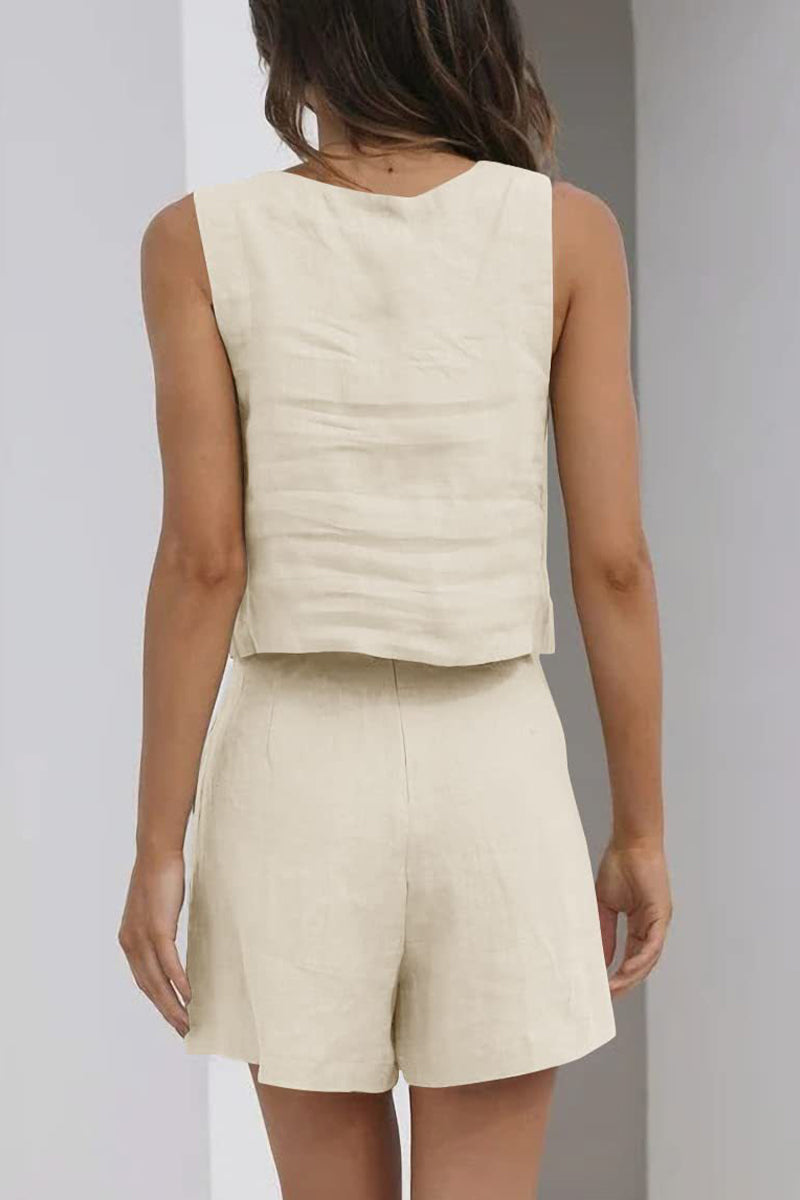 Conjunto informal sencillo de dos piezas, sin mangas, con cuello cuadrado y bolsillo liso (16 colores)