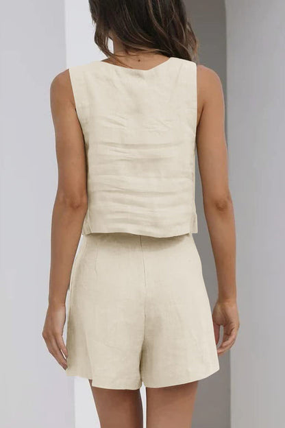 Conjunto informal sencillo de dos piezas, sin mangas, con cuello cuadrado y bolsillo liso (16 colores)