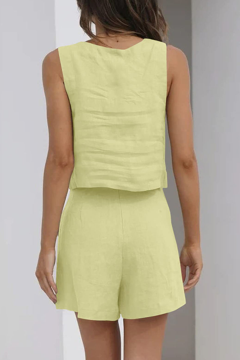 Conjunto informal sencillo de dos piezas, sin mangas, con cuello cuadrado y bolsillo liso (16 colores)
