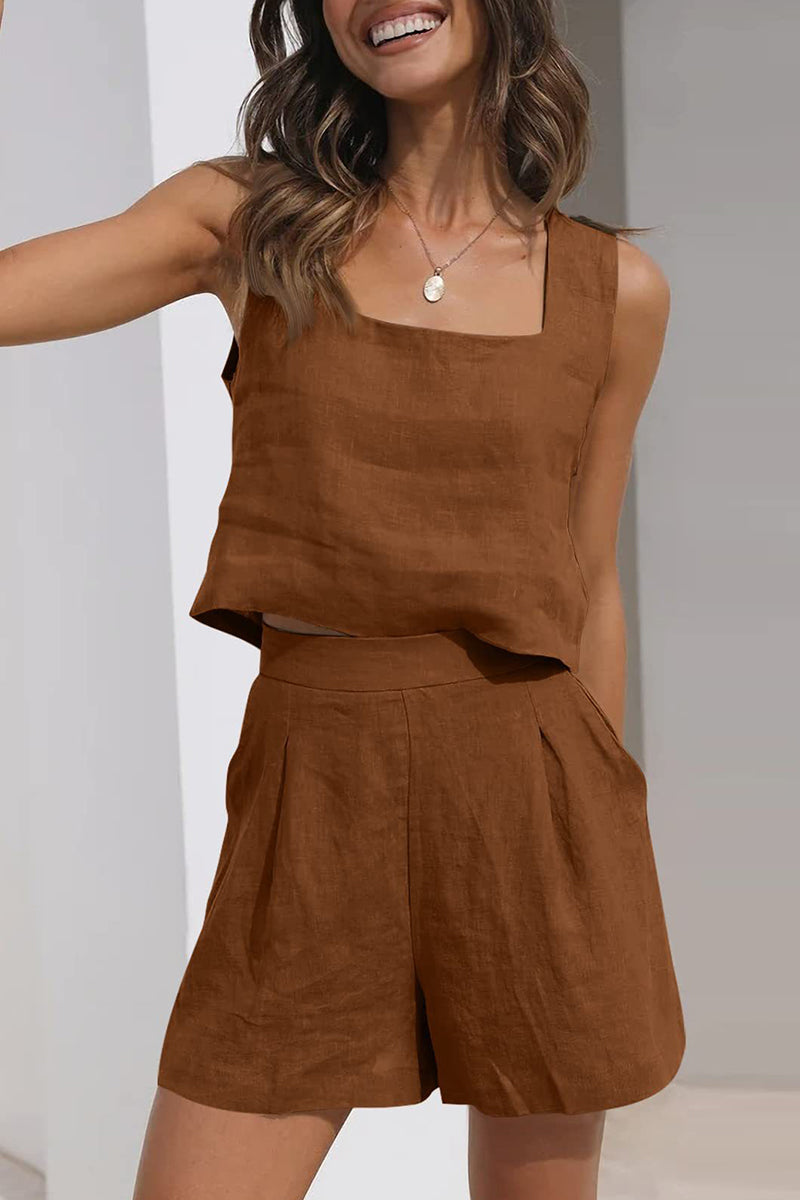 Conjunto informal sencillo de dos piezas, sin mangas, con cuello cuadrado y bolsillo liso (16 colores)