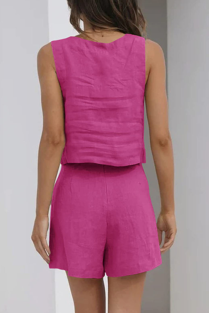 Conjunto informal sencillo de dos piezas, sin mangas, con cuello cuadrado y bolsillo liso (16 colores)