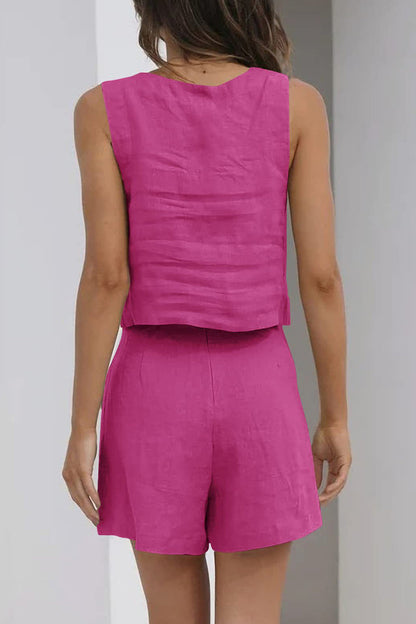 Conjunto informal sencillo de dos piezas, sin mangas, con cuello cuadrado y bolsillo liso (16 colores)