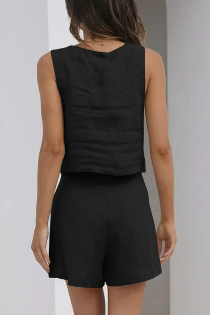 Conjunto informal sencillo de dos piezas, sin mangas, con cuello cuadrado y bolsillo liso (16 colores)