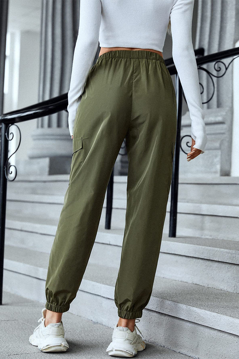 Pantalones casuales de calle con bolsillos sólidos, cintura alta, lápiz, color sólido