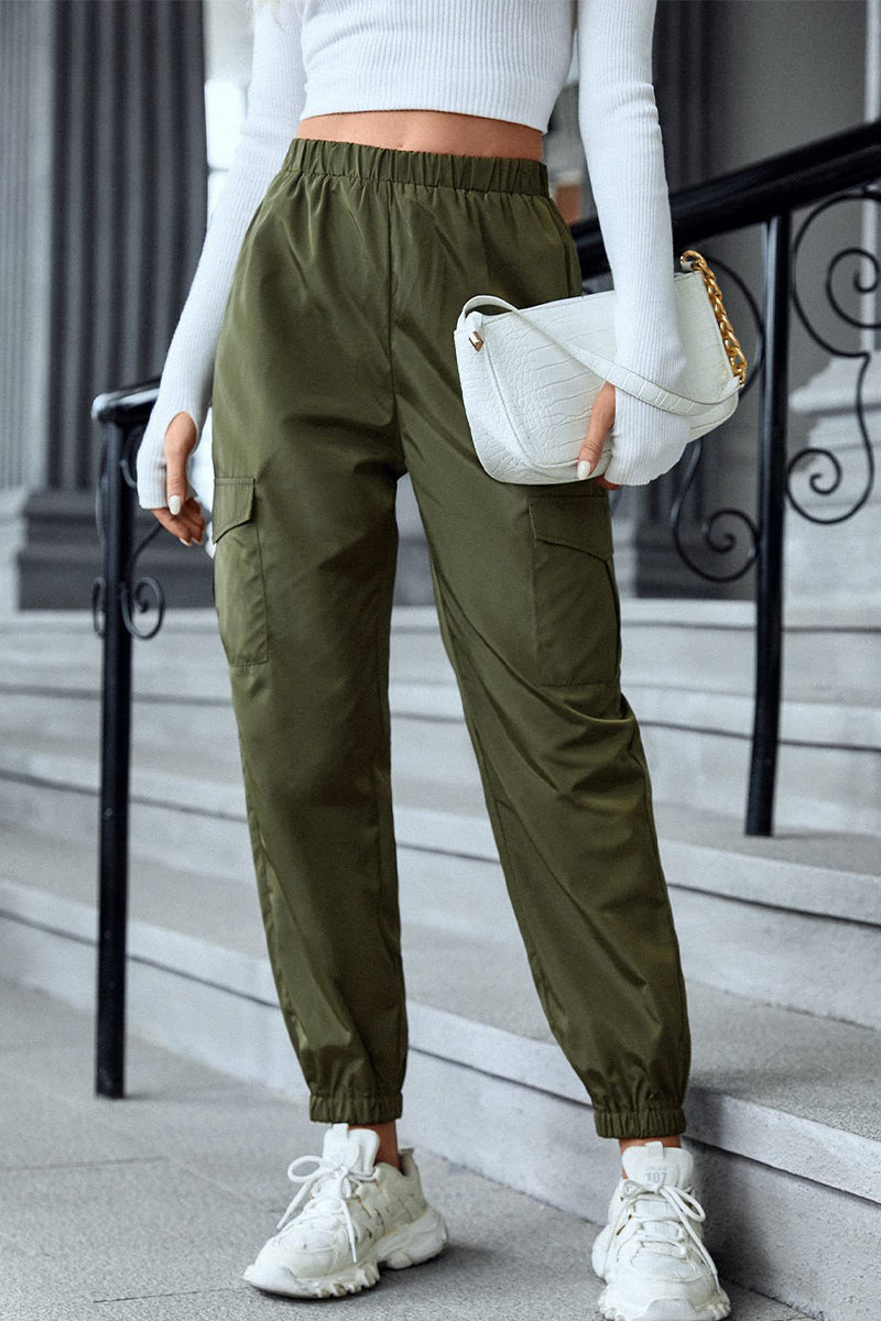 Pantalones casuales de calle con bolsillos sólidos, cintura alta, lápiz, color sólido