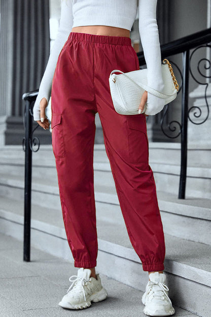 Pantalones casuales de calle con bolsillos sólidos, cintura alta, lápiz, color sólido