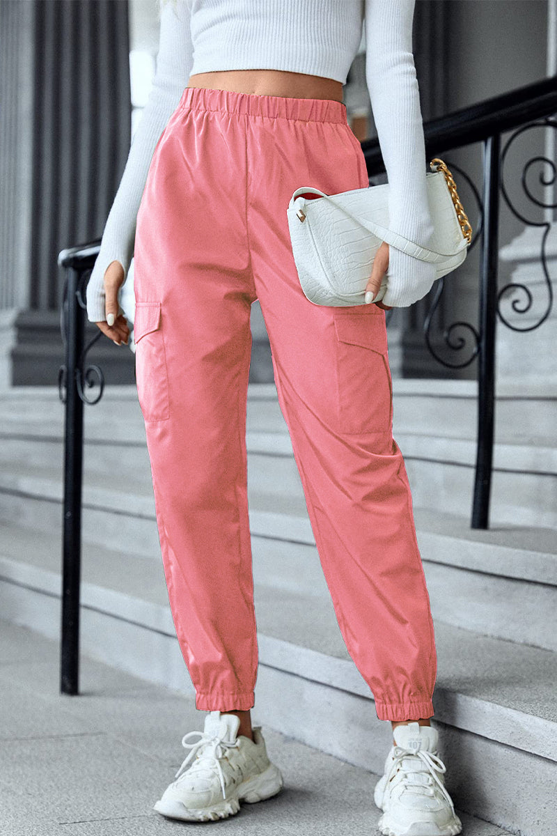 Pantalones casuales de calle con bolsillos sólidos, cintura alta, lápiz, color sólido