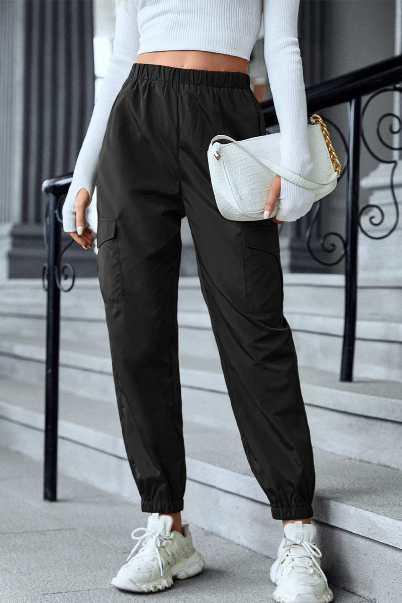 Pantalones casuales de calle con bolsillos sólidos, cintura alta, lápiz, color sólido