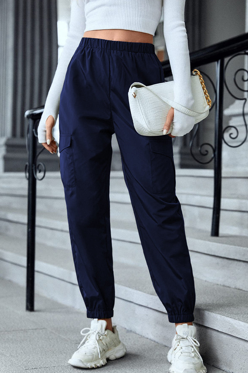 Pantalones casuales de calle con bolsillos sólidos, cintura alta, lápiz, color sólido