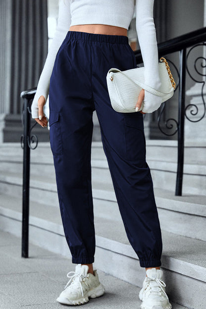 Pantalones casuales de calle con bolsillos sólidos, cintura alta, lápiz, color sólido