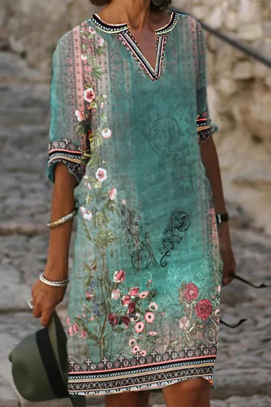 Vestido informal de manga corta con cuello redondo y estampado bohemio (4 colores)