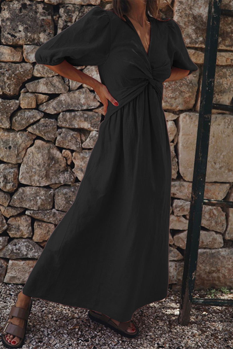Vestido informal sencillo de manga corta con escote en V liso (3 colores)