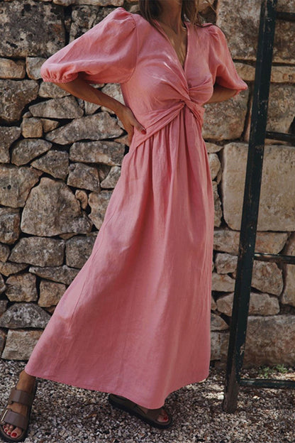 Vestido informal sencillo de manga corta con escote en V liso (3 colores)