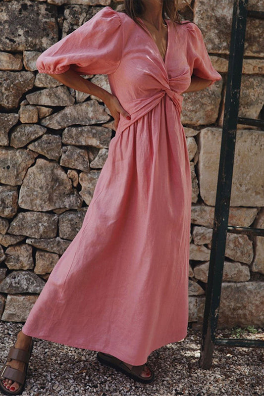 Vestido informal sencillo de manga corta con escote en V liso (3 colores)