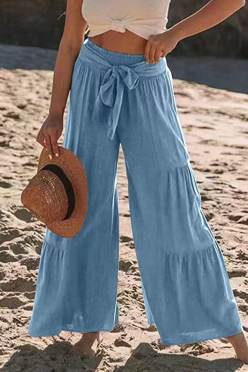 Pantalones casuales de vacaciones de color liso con pliegues, sueltos, de cintura alta y pierna ancha, de color liso
