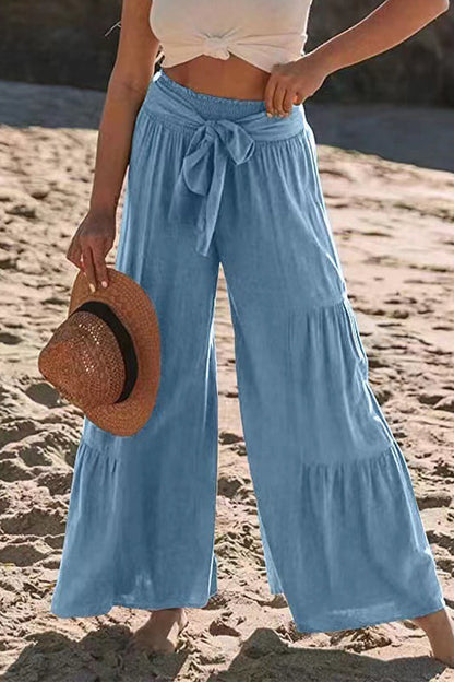 Pantalones casuales de vacaciones de color liso con pliegues, sueltos, de cintura alta y pierna ancha, de color liso