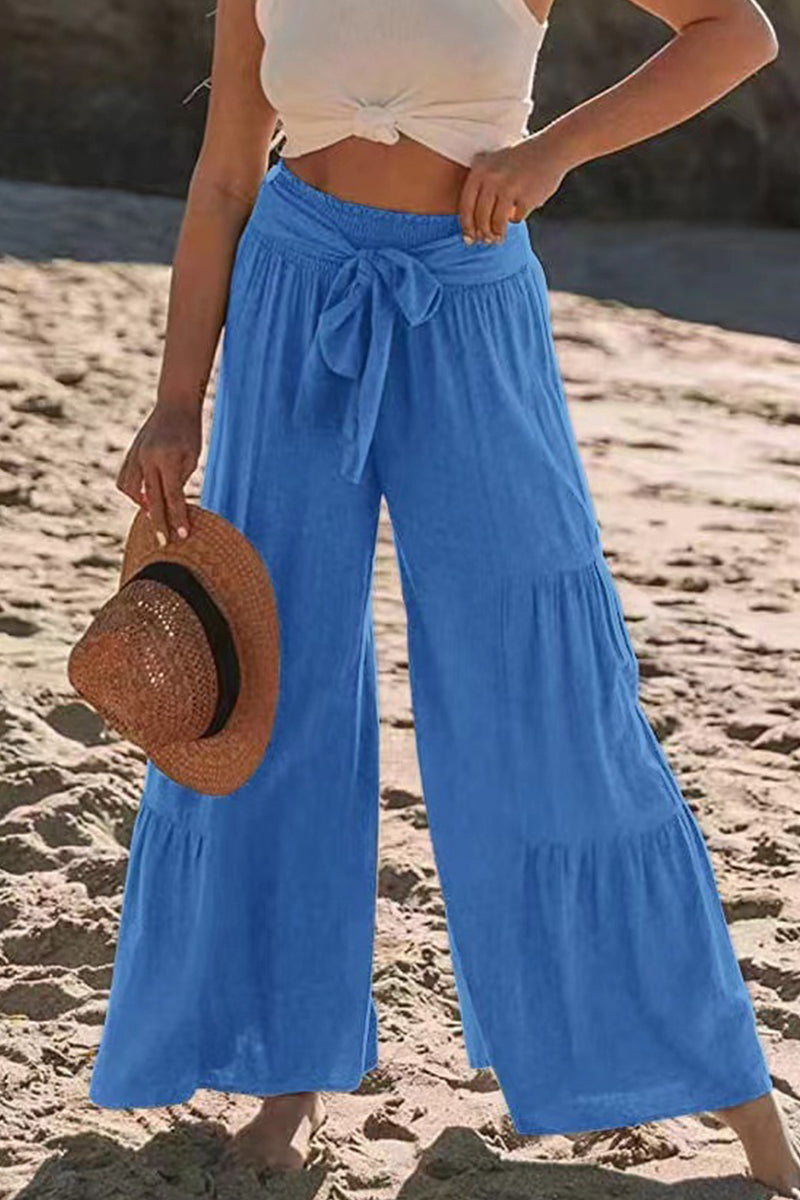 Pantalones casuales de vacaciones de color liso con pliegues, sueltos, de cintura alta y pierna ancha, de color liso