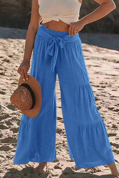 Pantalones casuales de vacaciones de color liso con pliegues, sueltos, de cintura alta y pierna ancha, de color liso