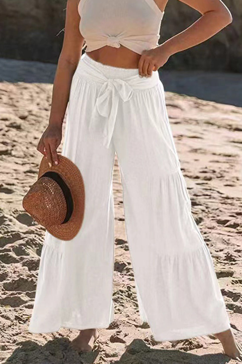 Pantalones casuales de vacaciones de color liso con pliegues, sueltos, de cintura alta y pierna ancha, de color liso