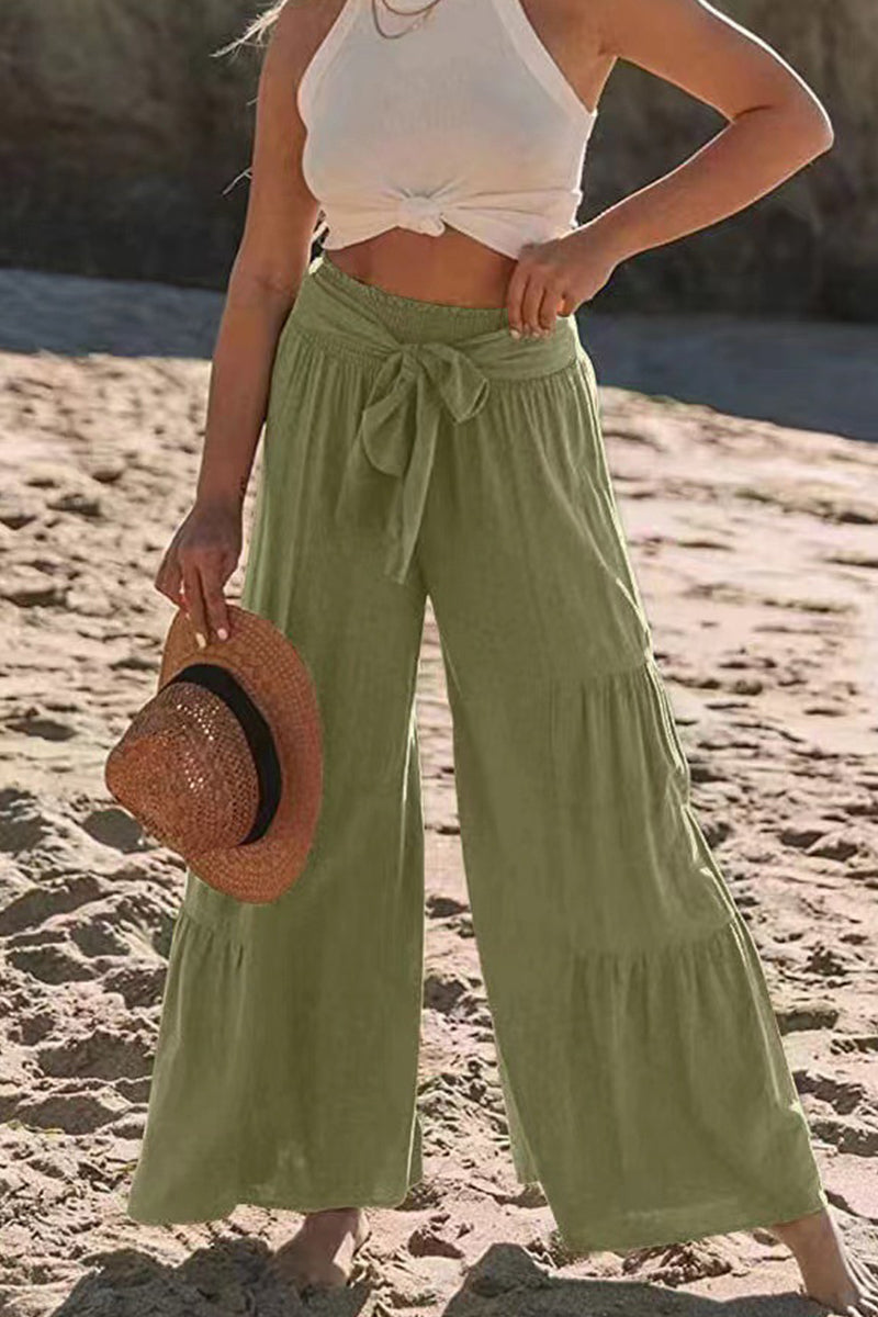 Pantalones casuales de vacaciones de color liso con pliegues, sueltos, de cintura alta y pierna ancha, de color liso