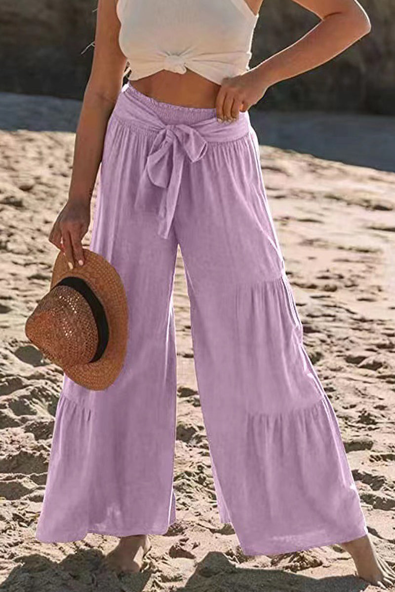 Pantalones casuales de vacaciones de color liso con pliegues, sueltos, de cintura alta y pierna ancha, de color liso