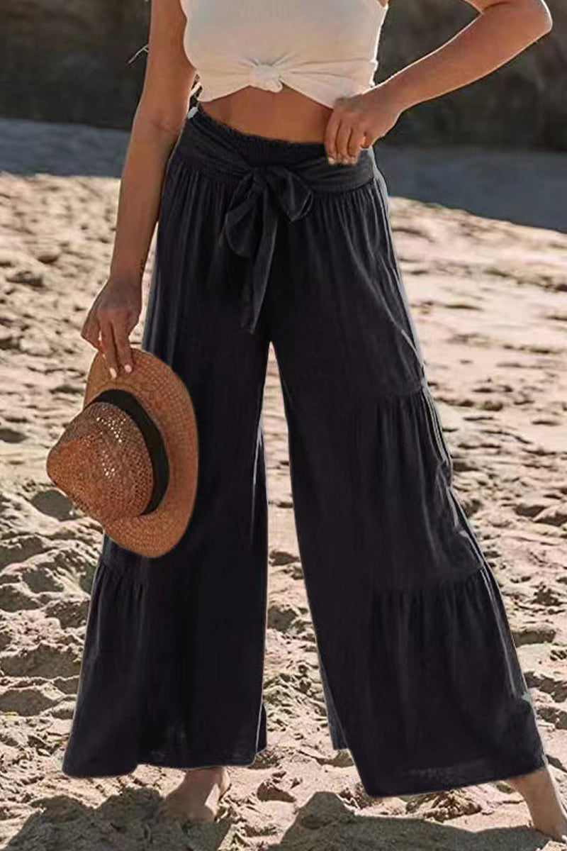 Pantalones casuales de vacaciones de color liso con pliegues, sueltos, de cintura alta y pierna ancha, de color liso