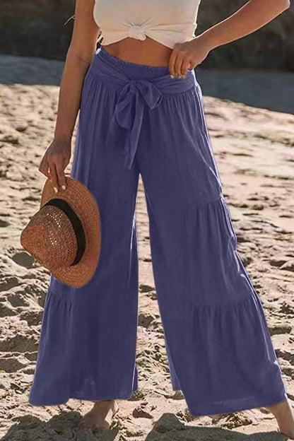 Pantalones casuales de vacaciones de color liso con pliegues, sueltos, de cintura alta y pierna ancha, de color liso