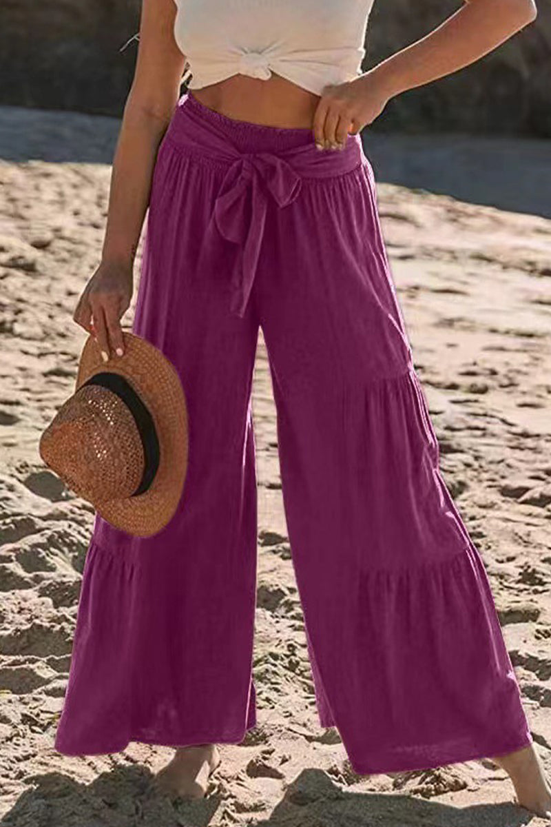 Pantalones casuales de vacaciones de color liso con pliegues, sueltos, de cintura alta y pierna ancha, de color liso