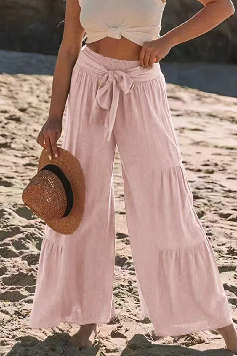 Pantalones casuales de vacaciones de color liso con pliegues, sueltos, de cintura alta y pierna ancha, de color liso