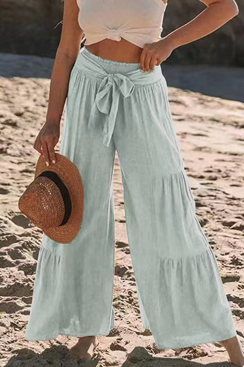 Pantalones casuales de vacaciones de color liso con pliegues, sueltos, de cintura alta y pierna ancha, de color liso