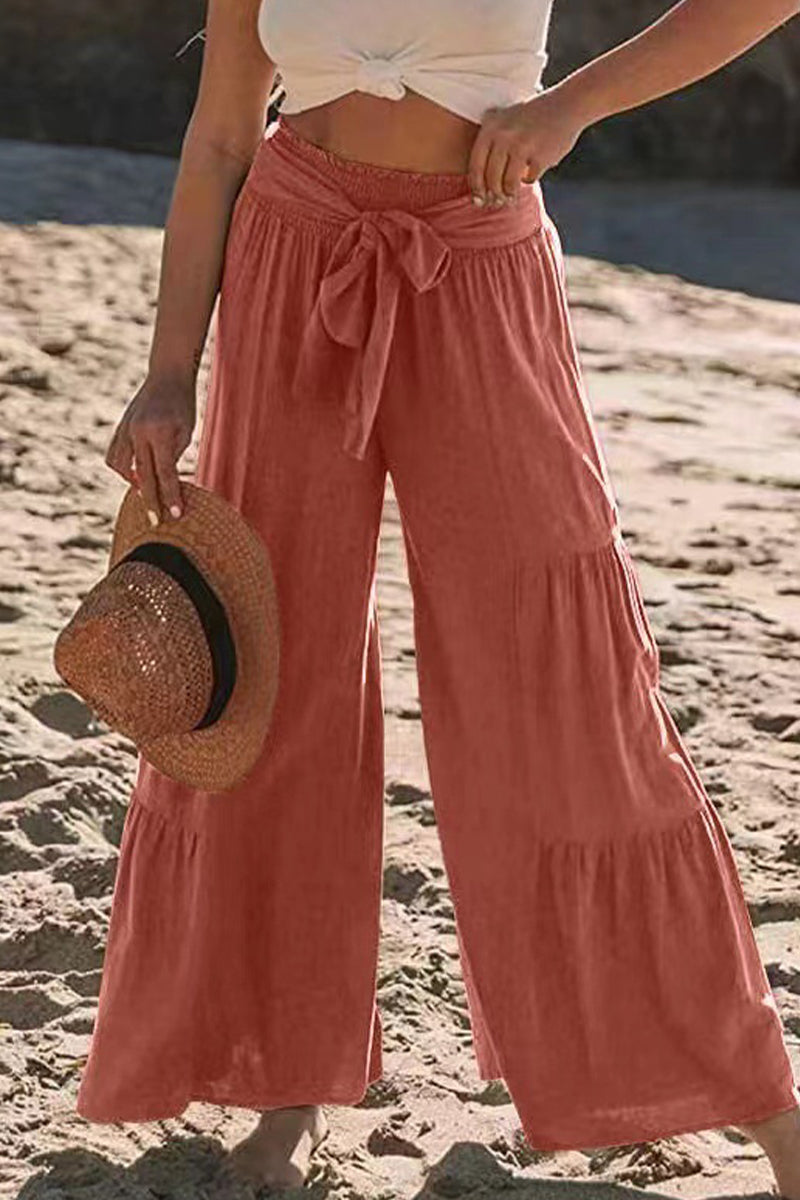Pantalones casuales de vacaciones de color liso con pliegues, sueltos, de cintura alta y pierna ancha, de color liso