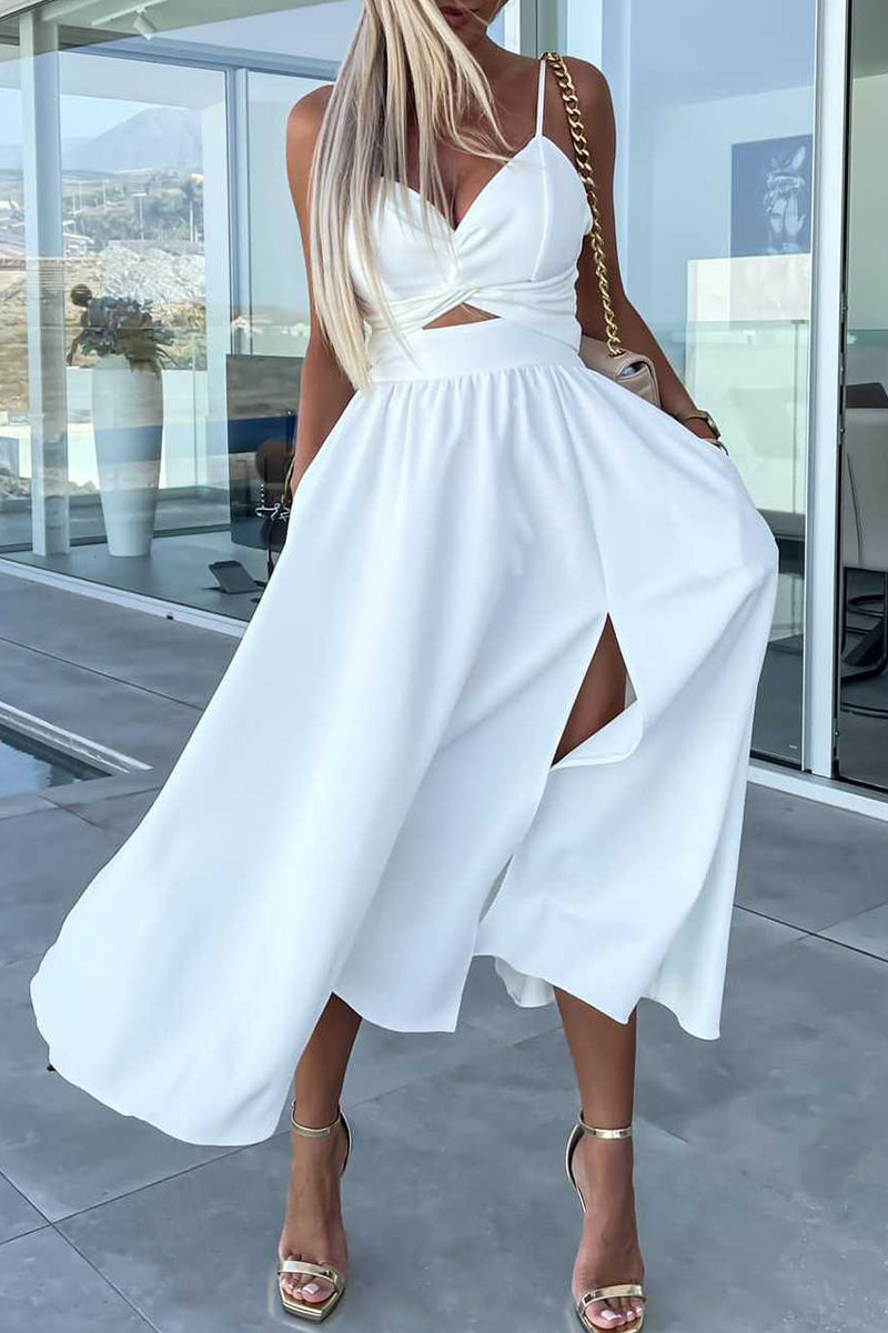 Vestidos de noche sexis de celebridades, lisos, con bolsillos ahuecados y abertura con escote en V.