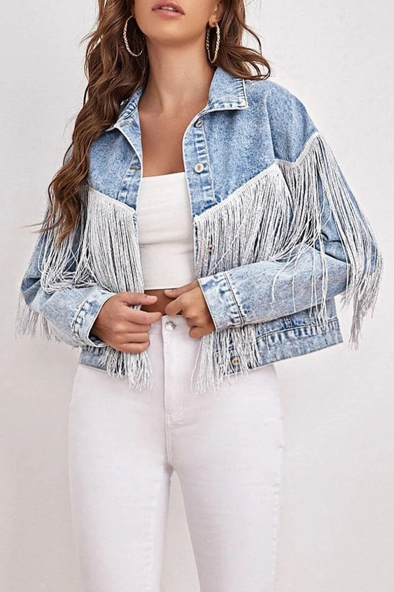 Chaqueta vaquera informal holgada de manga larga con cuello vuelto y borlas lisas de patchwork