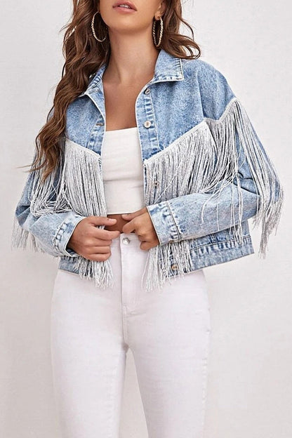 Chaqueta vaquera informal holgada de manga larga con cuello vuelto y borlas lisas de patchwork