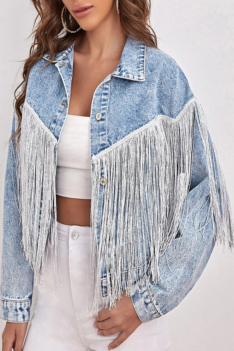 Chaqueta vaquera informal holgada de manga larga con cuello vuelto y borlas lisas de patchwork