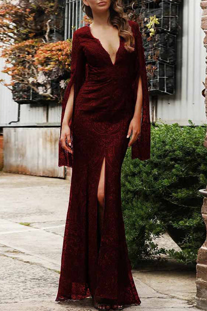 Vestido de noche sexy formal de encaje sólido con cremallera y cuello en V