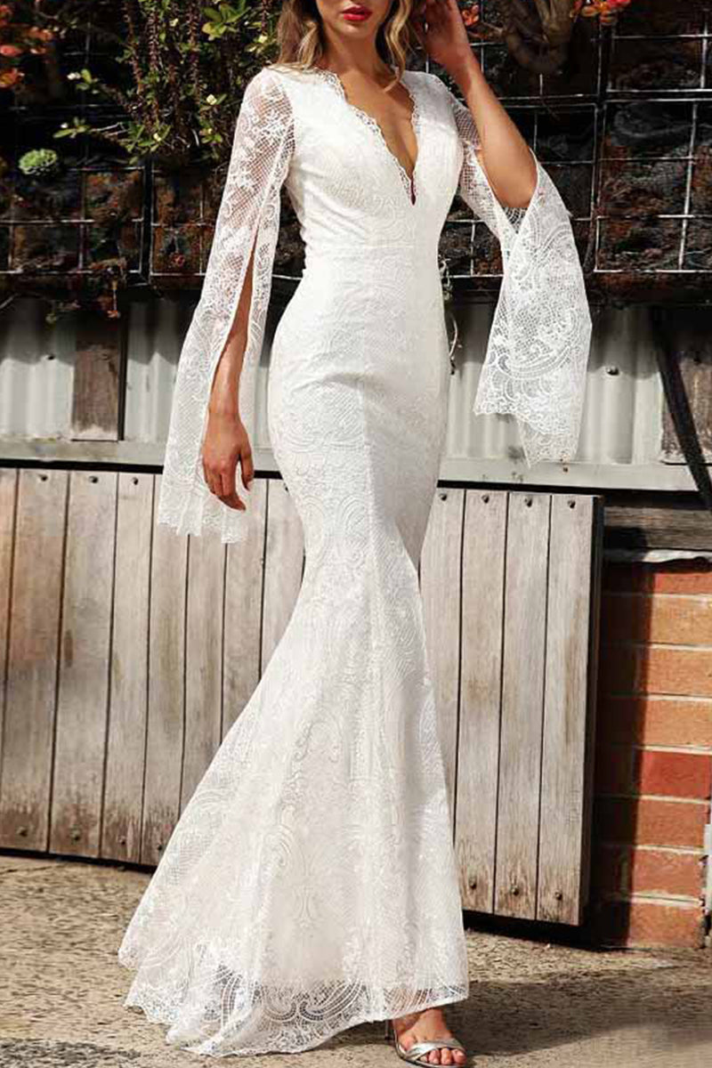 Vestido de noche sexy formal de encaje sólido con cremallera y cuello en V