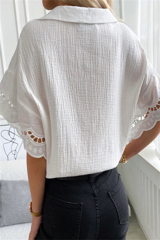 Blusas elegantes de cuello en V con patchwork de encaje liso para uso diario