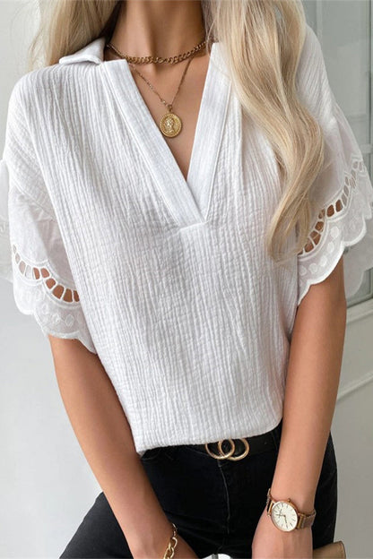 Blusas elegantes de cuello en V con patchwork de encaje sólido para uso diario