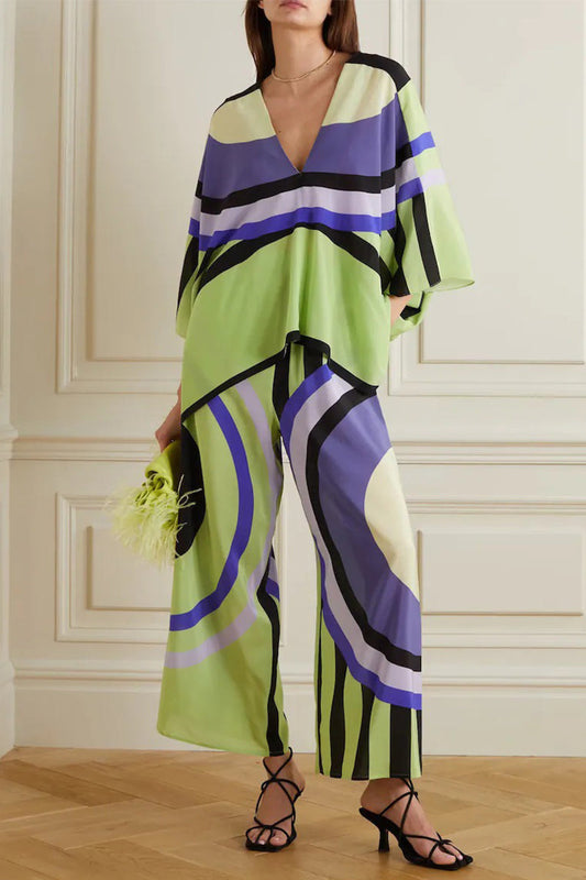 Conjunto de dos piezas con cuello en V, manga de nueve puntos y estampado geométrico estilo británico informal