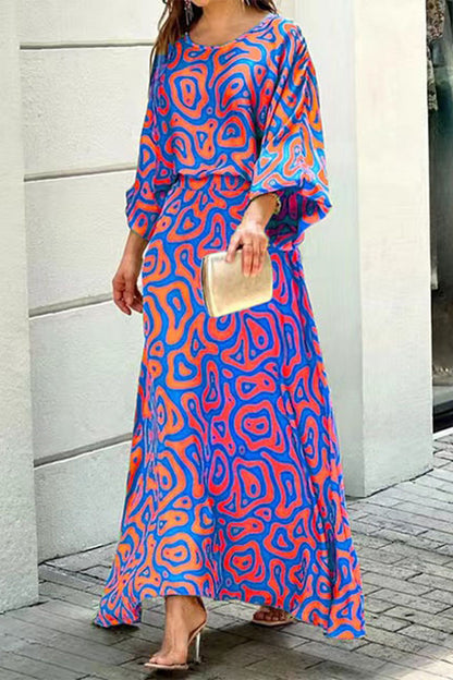 Conjunto informal de dos piezas con cuello redondo, diseño de patchwork geométrico urbano, tres cuartos