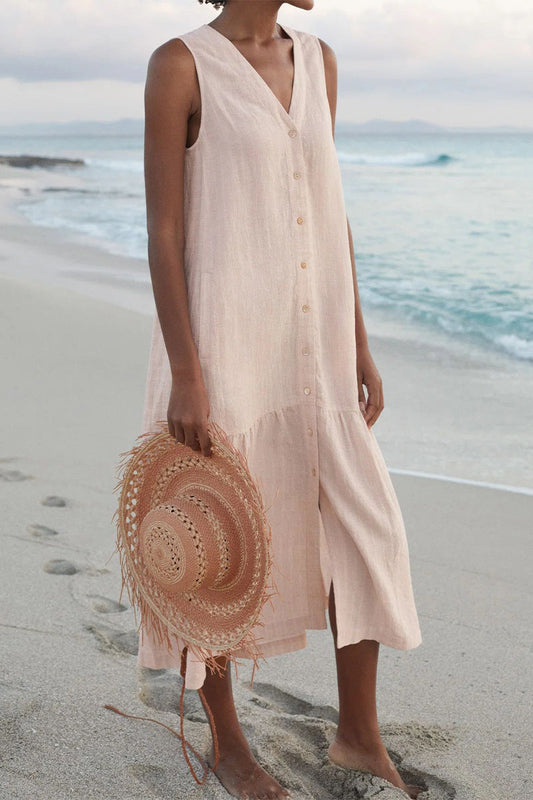 Vestido informal sencillo con cuello en V, hebilla y bolsillos sólidos