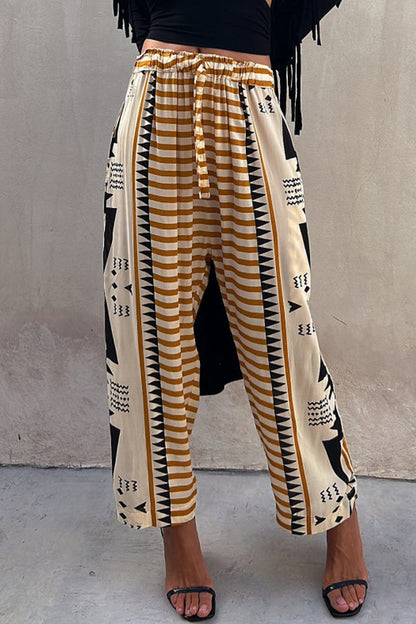 Pantalones casuales de patchwork con estampado geométrico y cintura media holgados de estilo harén