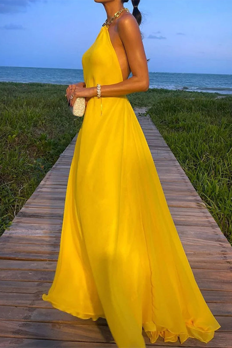 Elegante vestido de noche liso sin espalda con cuello halter