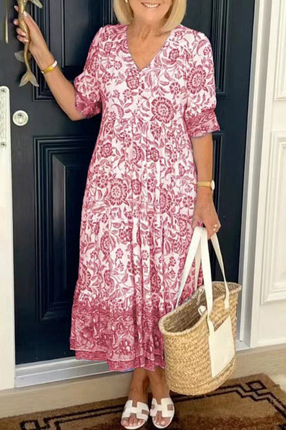 Elegante vestido de vacaciones con cuello en V, estampado tie-dye y patchwork.
