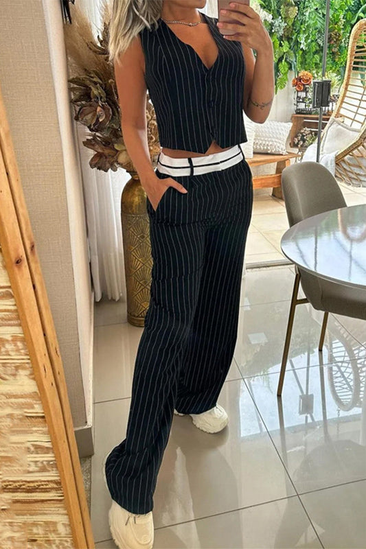 Conjunto informal de dos piezas con cuello en V, sin mangas y rayas con hebilla
